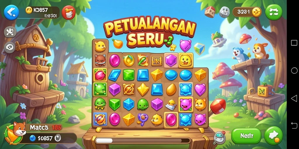 Tampilan gameplay KO857 yang seru saat mencocokkan item di level yang menantang.