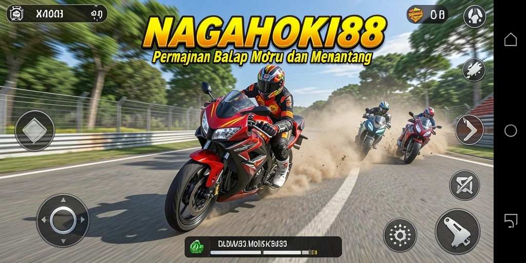 Tampilan gameplay menegangkan di NAGAHOKI88 saat balapan motor.