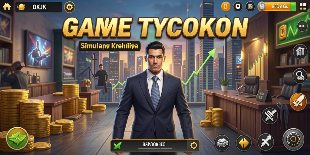 Tampilan gameplay OKJK yang menggambarkan simulasi bisnis yang menarik.